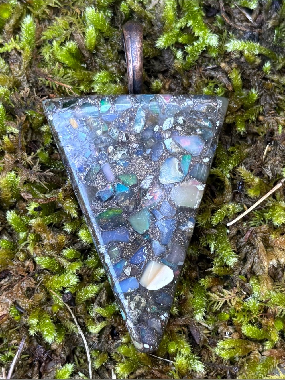 Handmade Triangle Mosaic Pendant – Iridescent Opal & Sparkly Pyrite Matrix